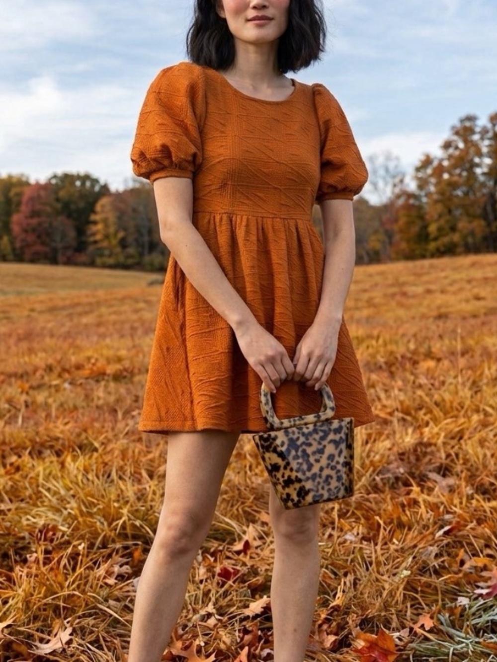 Free People Babydoll Mini Dress Sz XS Pumpkin Orange Puff Sleeve Fall Festival